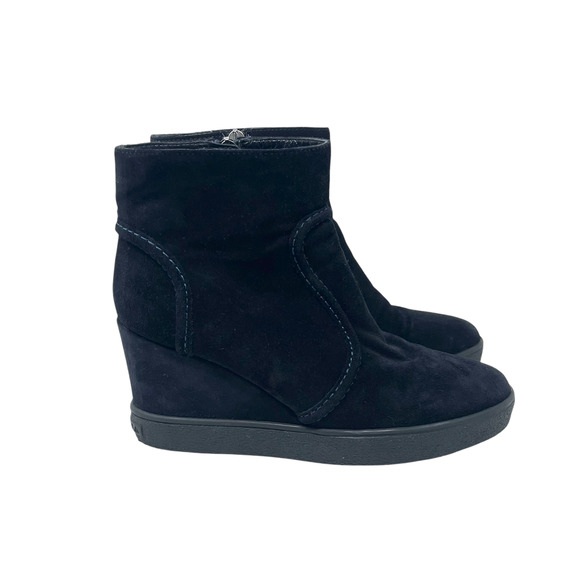 Aquatalia Camellia Suede Shearling Lined Wedge Ankle Boots - Black - Size 6 - Picture 2 of 9